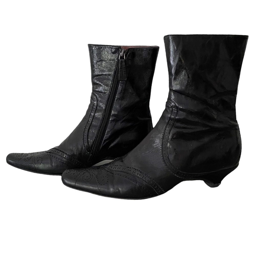 Goffredo Fantini Black Leather Kitten Heel Boots Size 36.5 Made In Italy